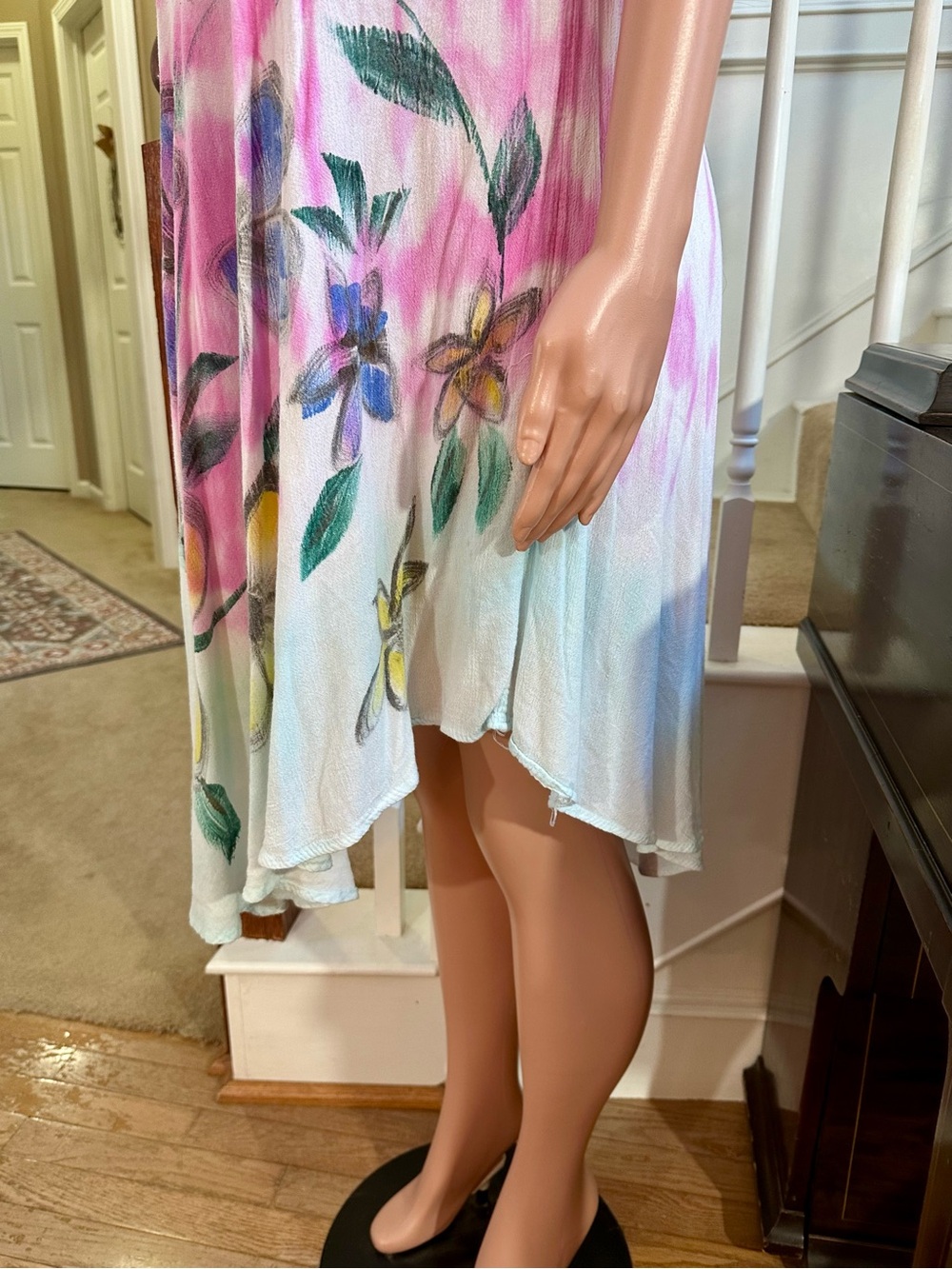 Sleeveless Floral Tie-Dye Swing Dress in Pink, Blue & Yellow - Picture 8 of 14